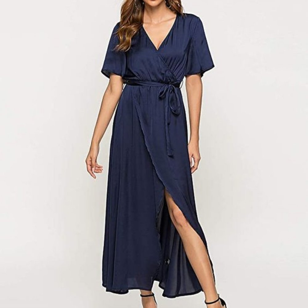 Escalier Women's Maxi Dress Satin V Neck Split Flowy Party Evening Dresses with